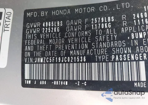 2018 Honda Clarity Plug-In Hybrid из США, поврежденный, VIN JHMZC5F19JC021536